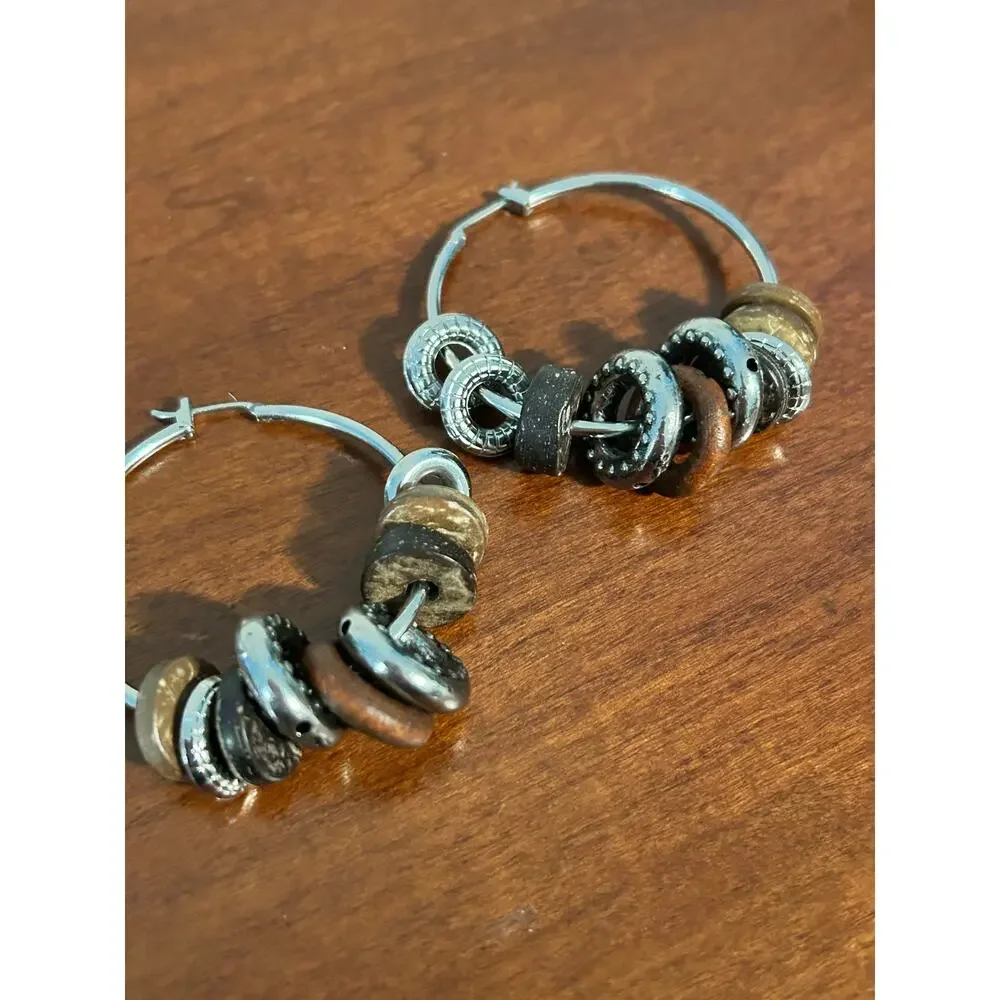 Boho Coconut Wood Silver Hoop Earrings 2